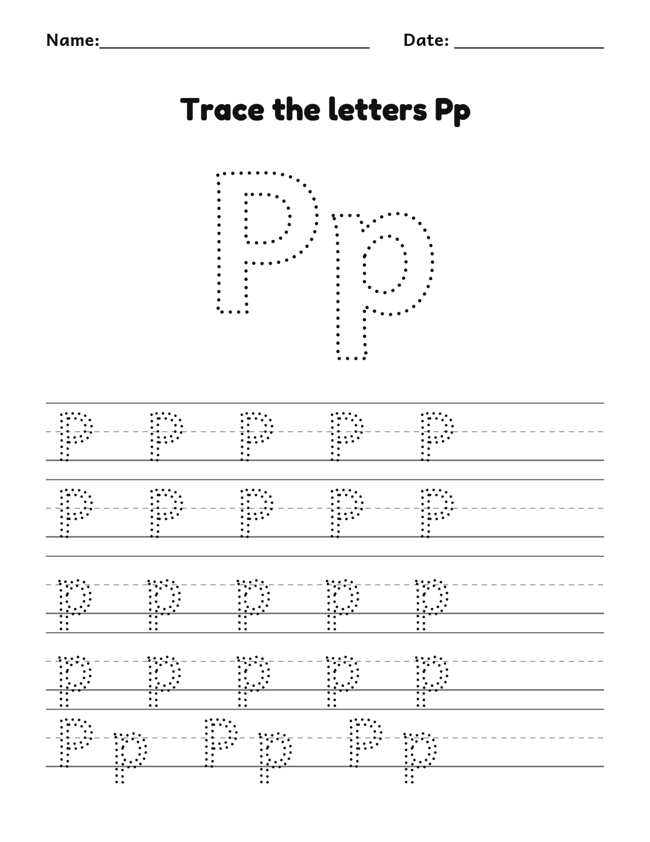 Trace the letters Pp worksheet with uppercase and lowercase writing lines