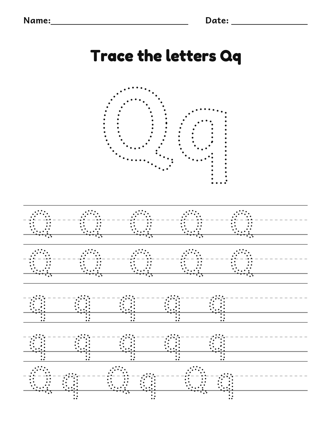 Trace the letters Qq worksheet with uppercase and lowercase writing lines