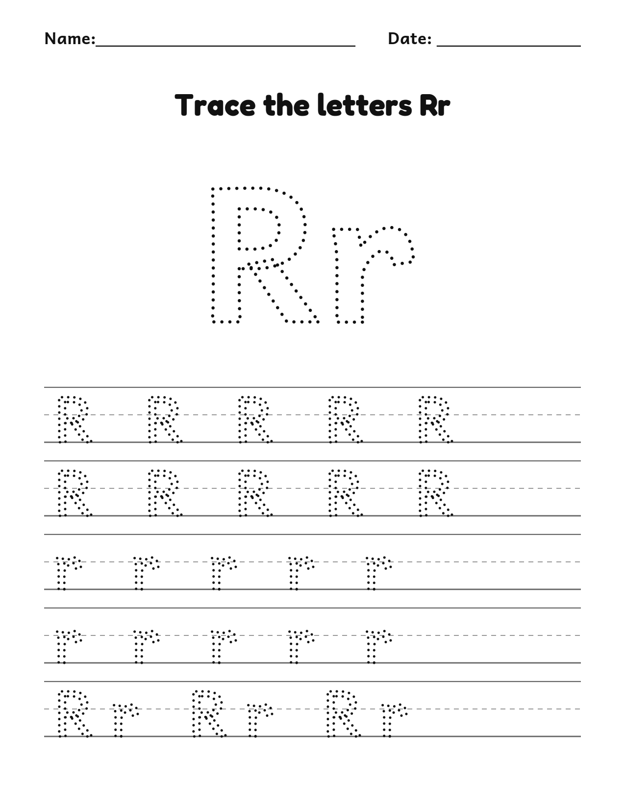 Trace the letters Rr worksheet with uppercase and lowercase writing lines