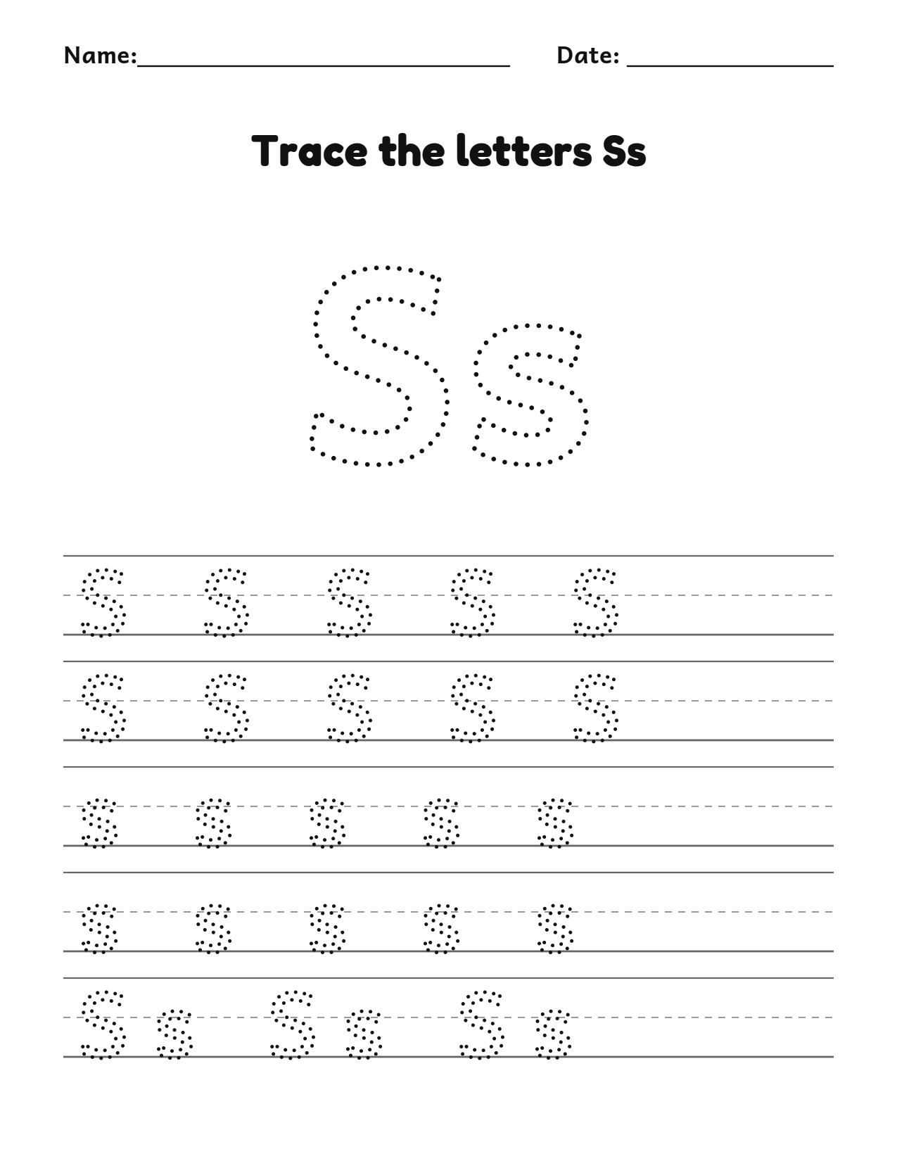 Trace the letters Ss worksheet with uppercase and lowercase writing lines