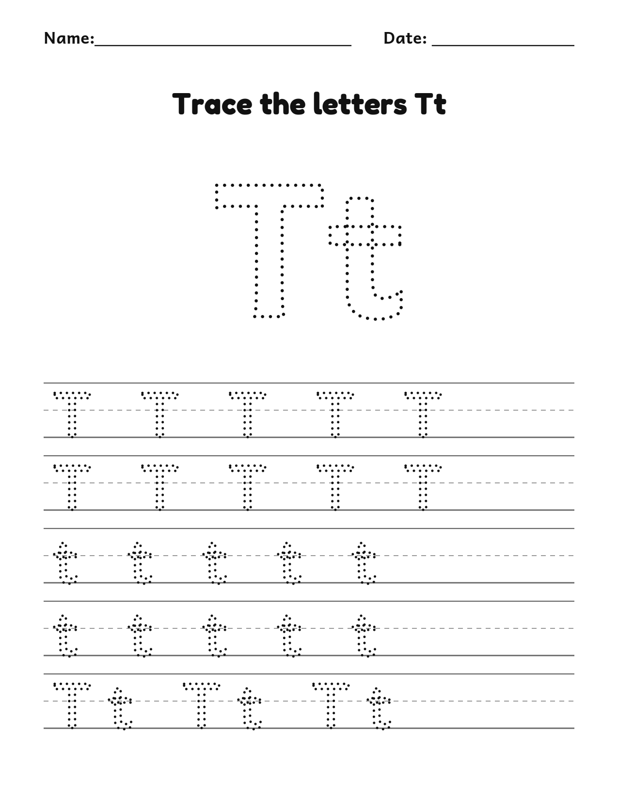Trace the letters Tt worksheet with uppercase and lowercase writing lines
