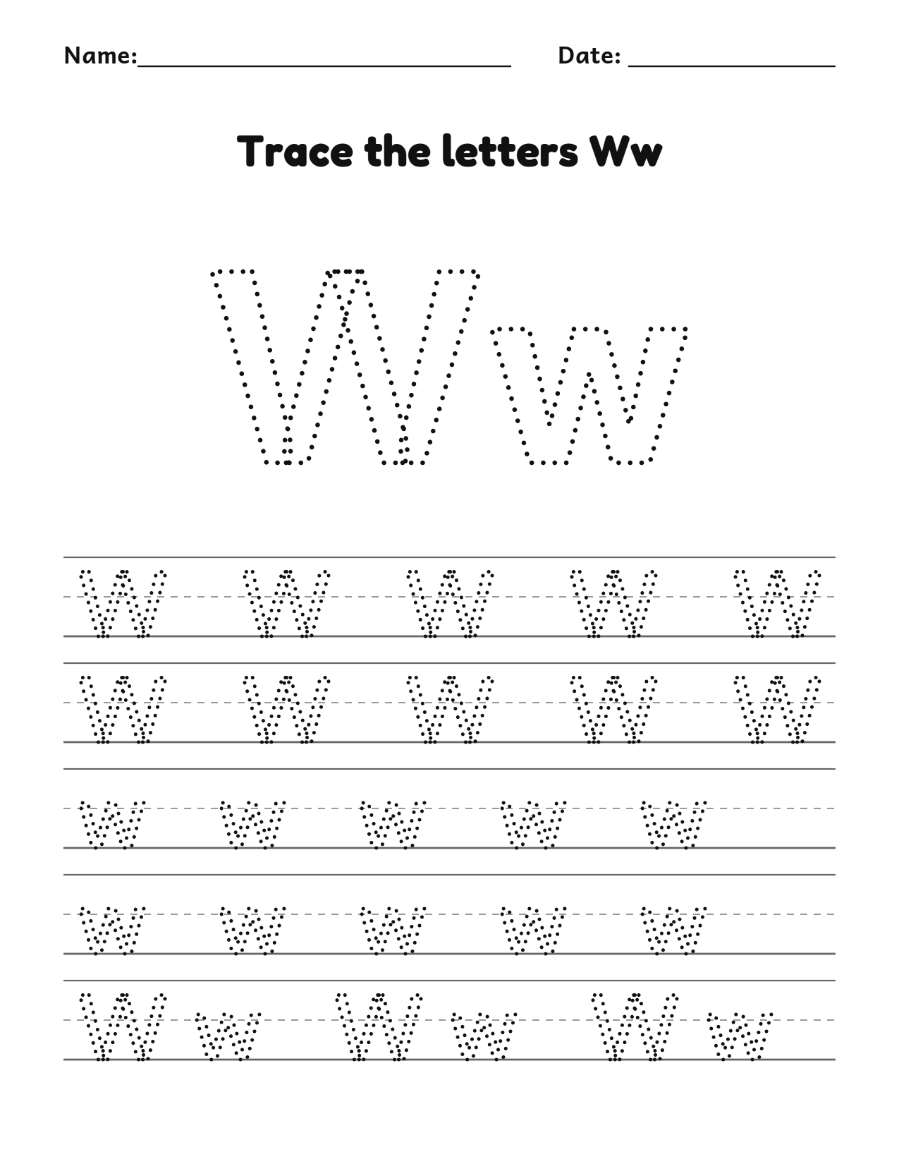 Trace the letters Ww worksheet with uppercase and lowercase writing lines