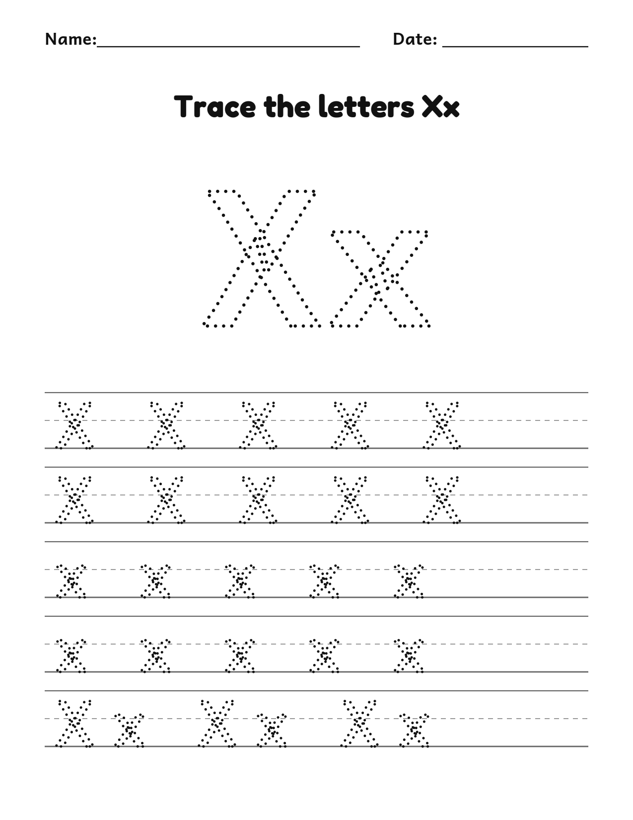 Trace the letters Xx worksheet with uppercase and lowercase writing lines