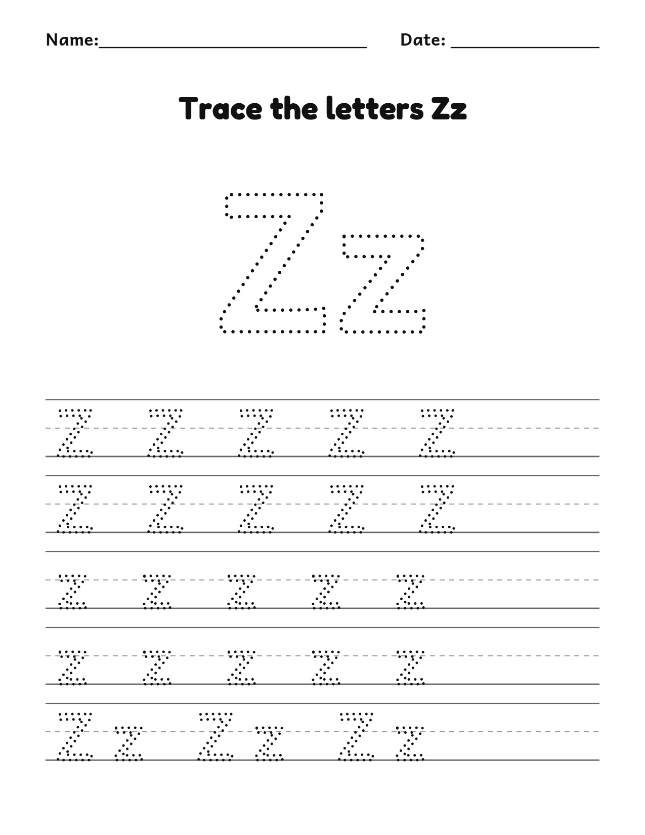 Trace the letters Zz worksheet with uppercase and lowercase writing lines