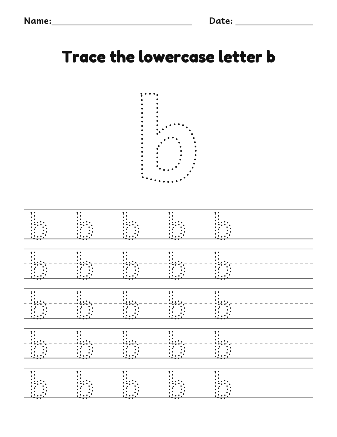 Trace the lowercase letter b worksheet with a dotted letter and writing lines