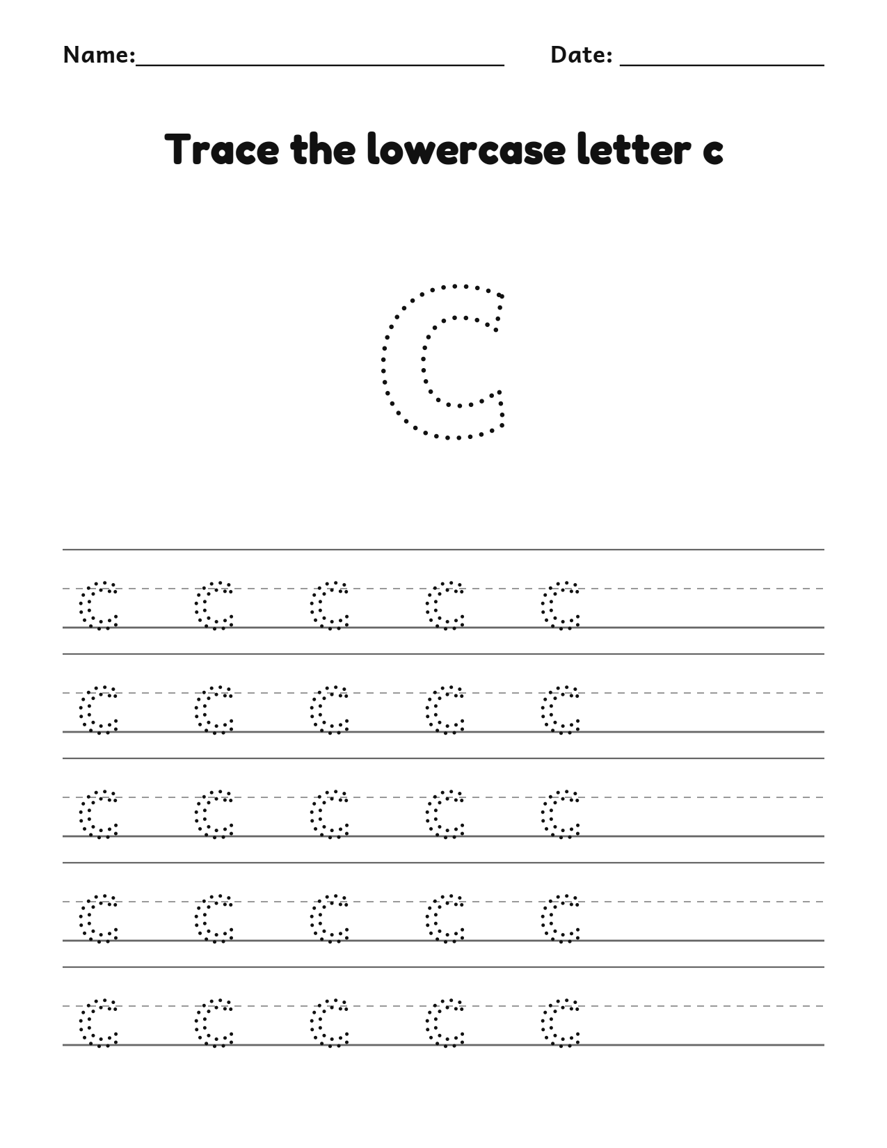 Trace the lowercase letter c worksheet with a dotted letter and writing lines