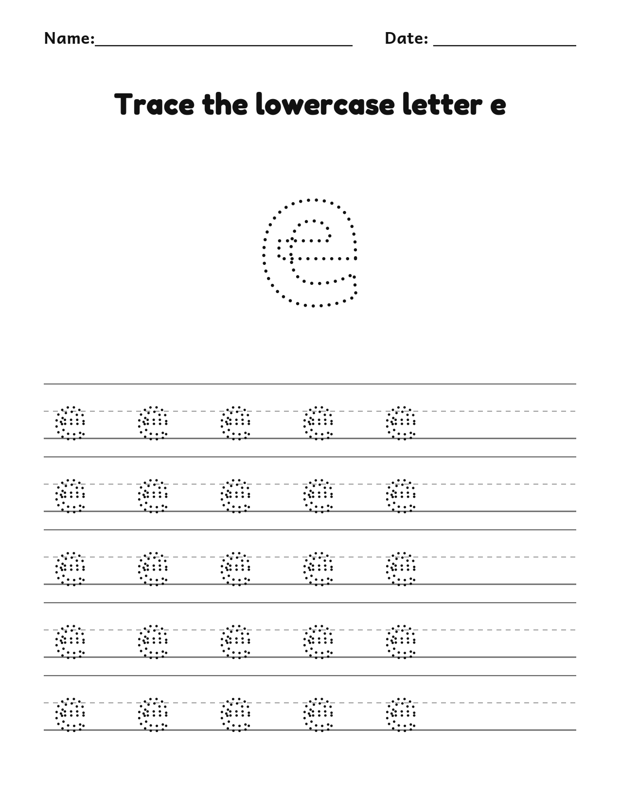 Trace the lowercase letter e worksheet with a dotted letter and writing lines