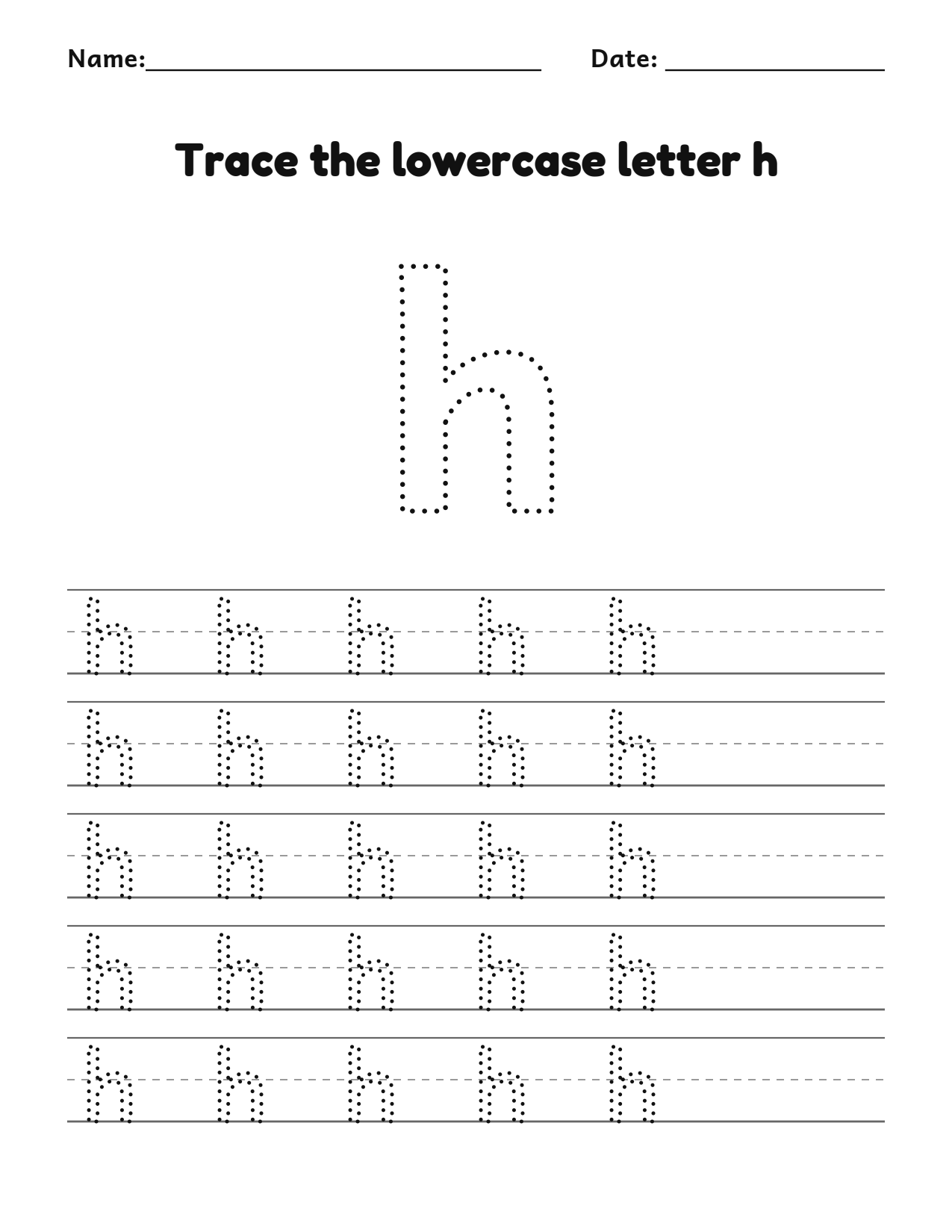 Trace the lowercase letter h worksheet with a dotted letter and writing lines