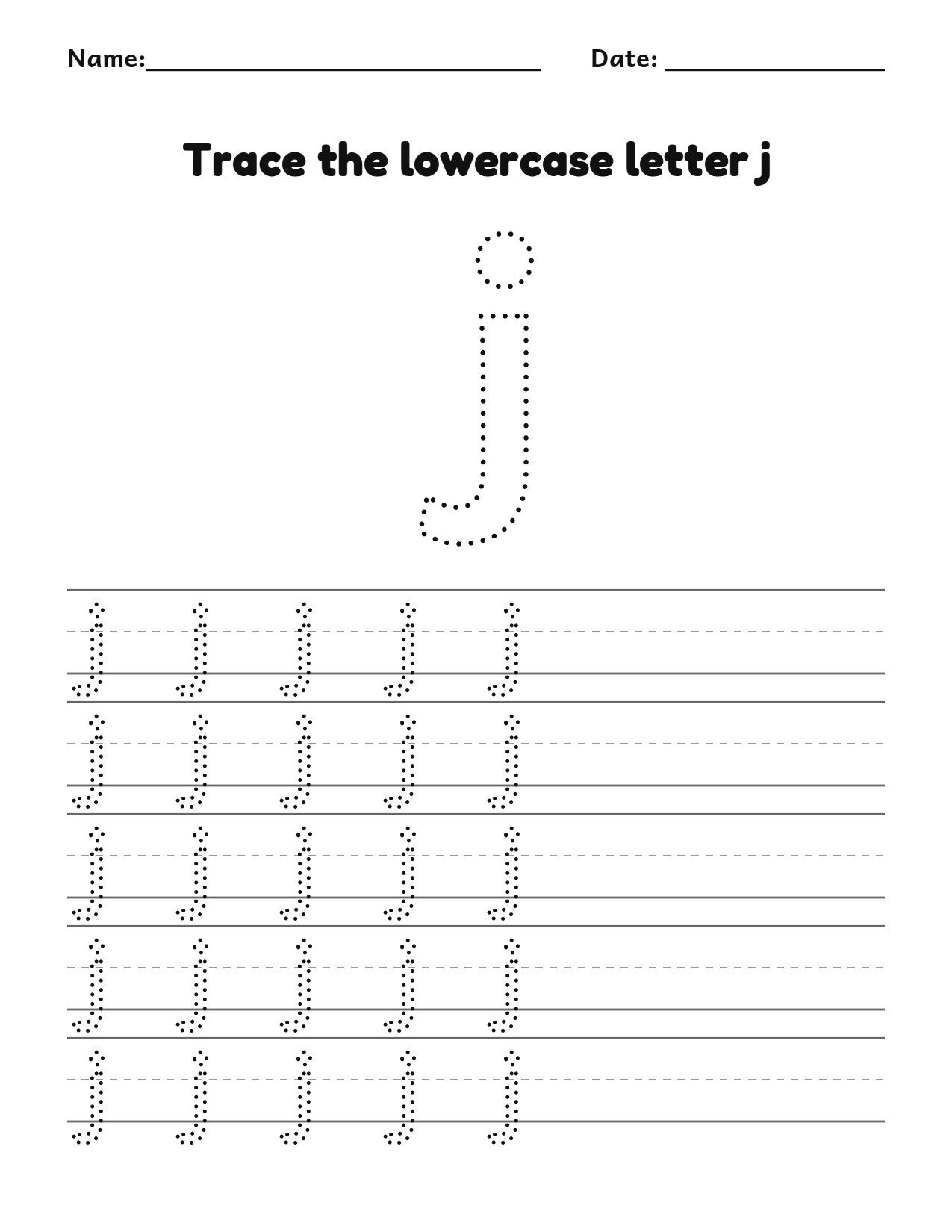 Trace the lowercase letter j worksheet with a dotted letter and writing lines