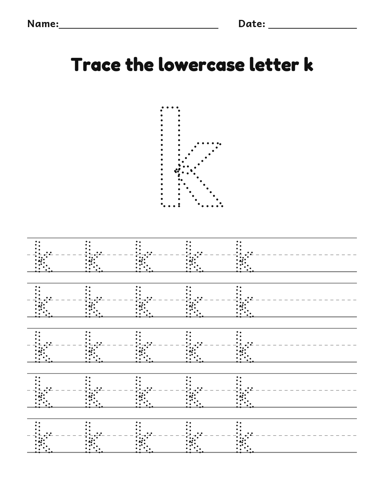 Trace the lowercase letter k worksheet with a dotted letter and writing lines