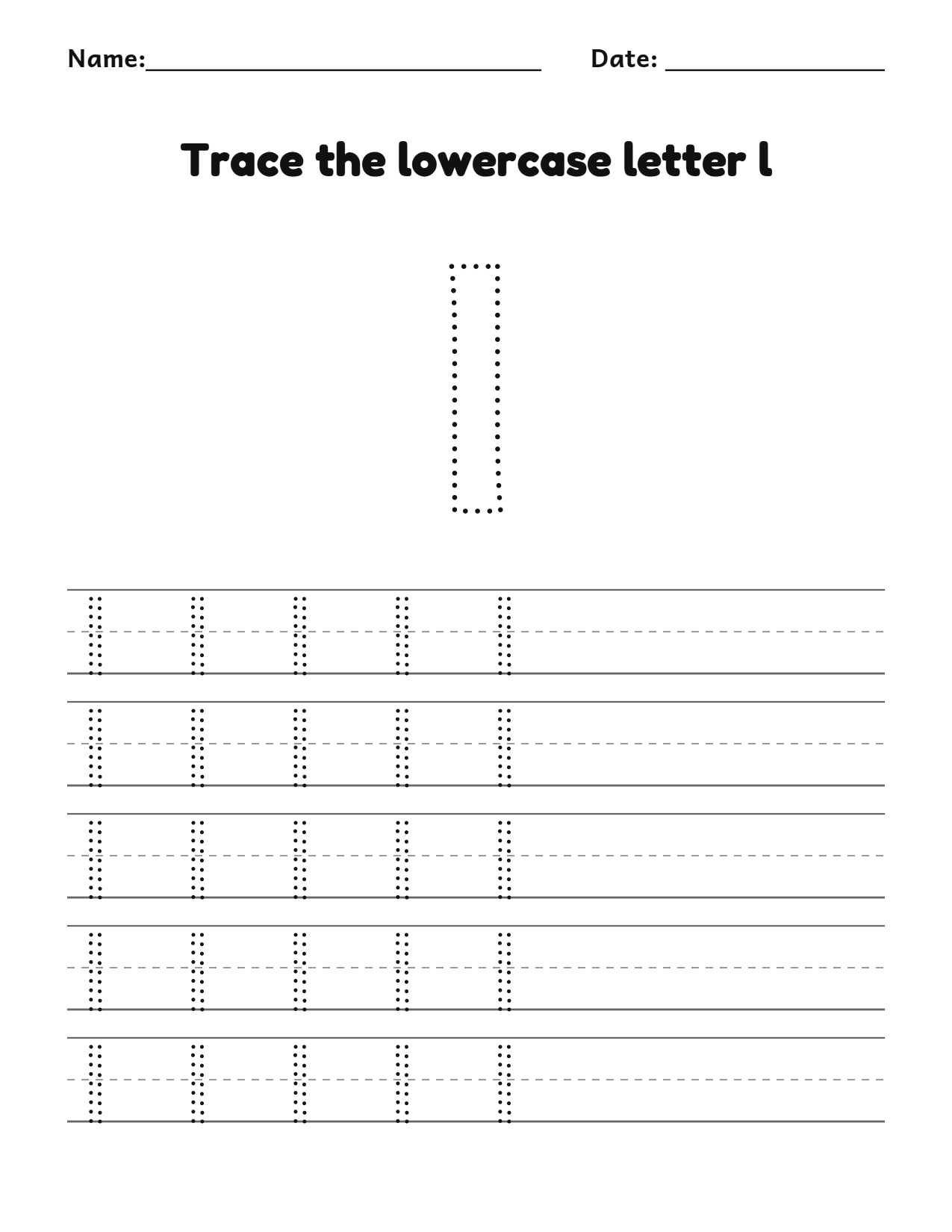 Trace the lowercase letter l worksheet with a dotted letter and writing lines
