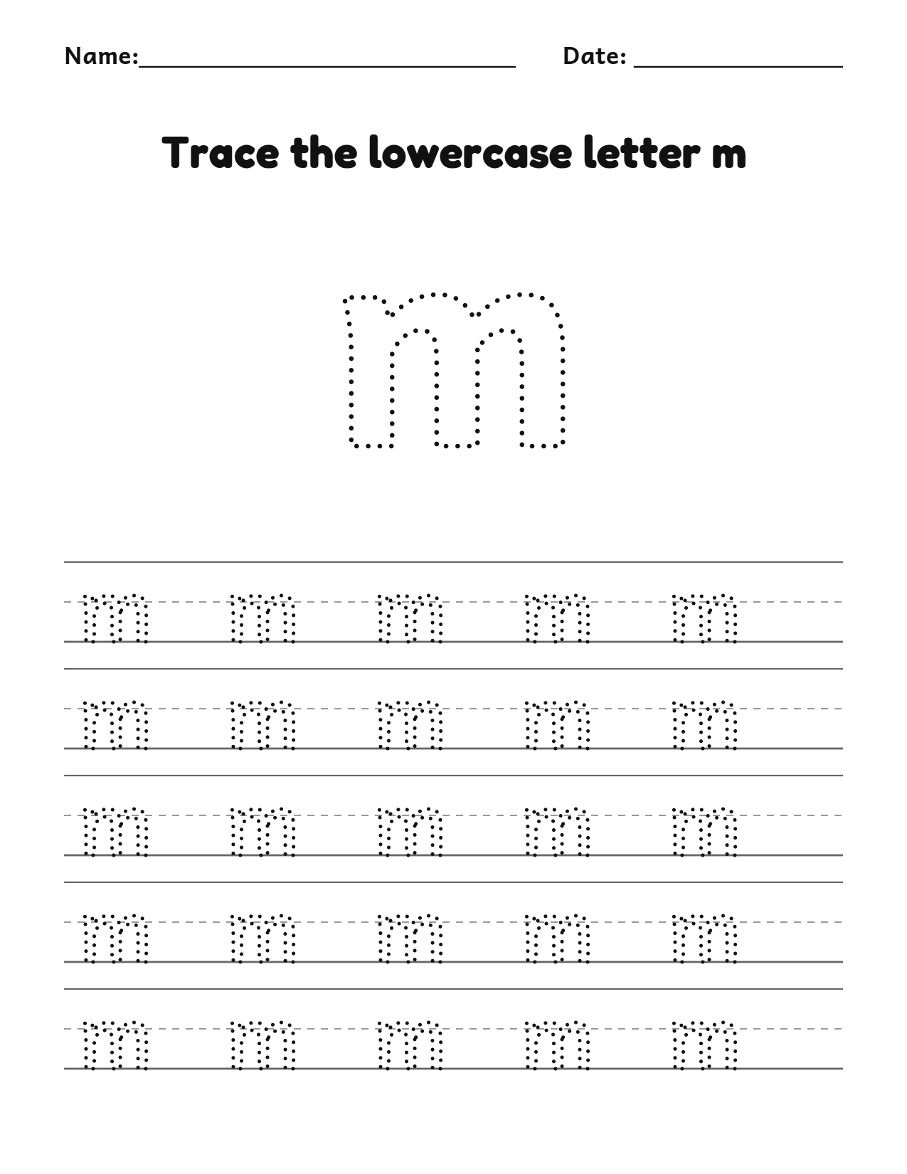 Trace the lowercase letter m worksheet with a dotted letter and writing lines