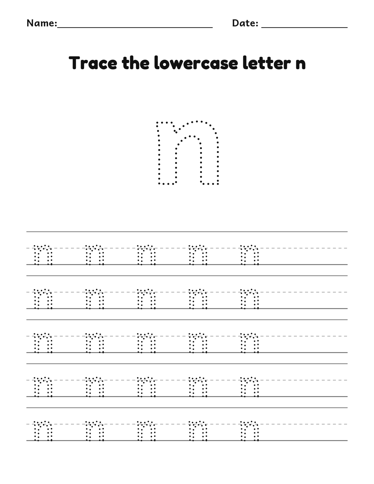 Trace the lowercase letter n worksheet with a dotted letter and writing lines