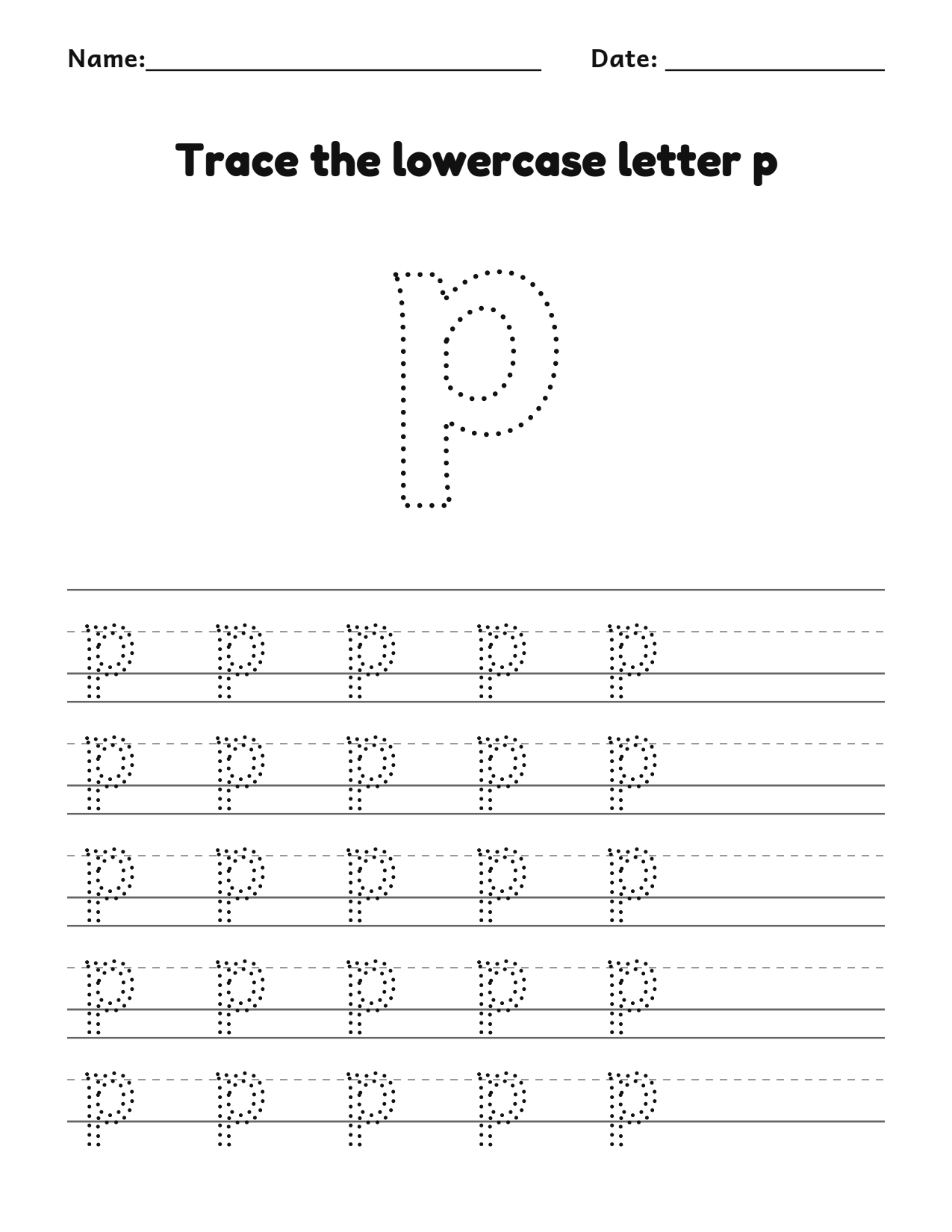 Trace the lowercase letter p worksheet with a dotted letter and writing lines