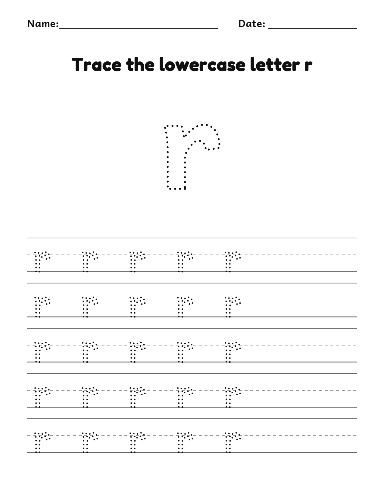 Trace the lowercase letter r worksheet with a dotted letter and writing lines