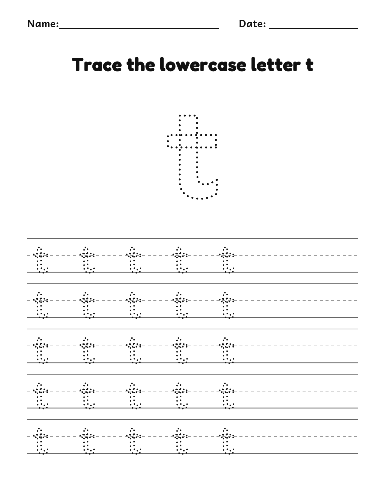 Trace the lowercase letter t worksheet with a dotted letter and writing lines