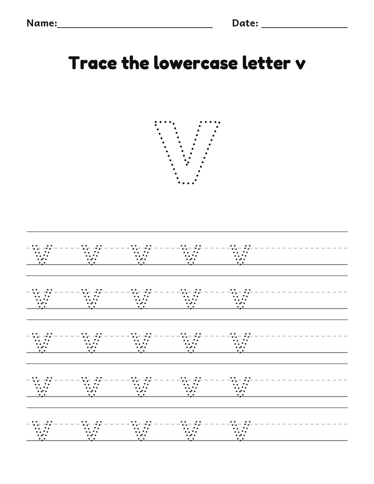 Trace the lowercase letter v worksheet with a dotted letter and writing lines