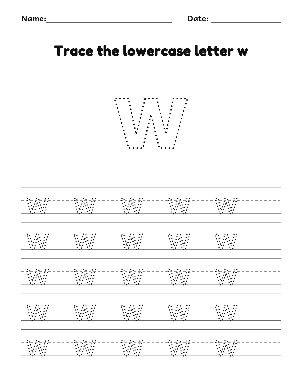 Trace the lowercase letter w worksheet with a dotted letter and writing lines