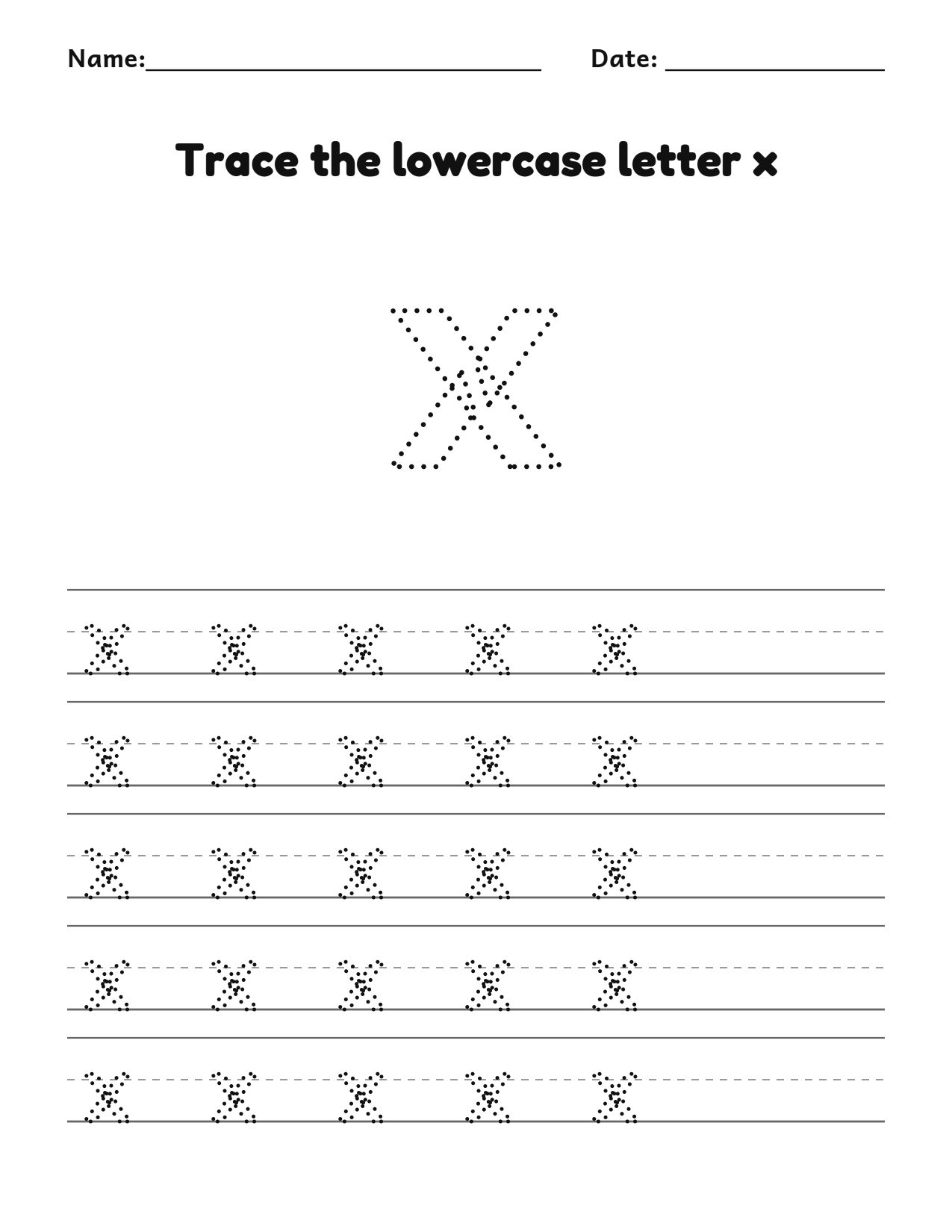 Trace the lowercase letter x worksheet with a dotted letter and writing lines