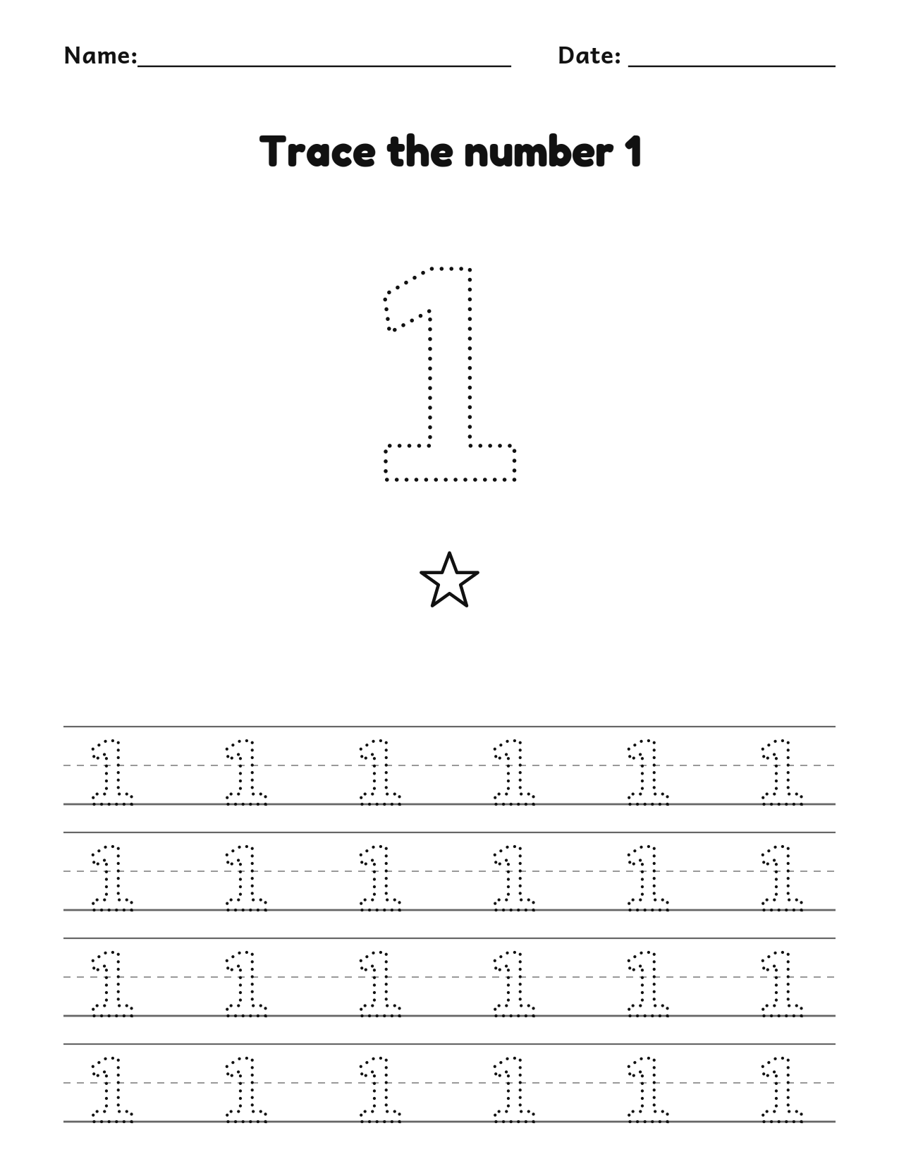 Trace the number 1 (one) worksheet with counting pictures and dotted numbers