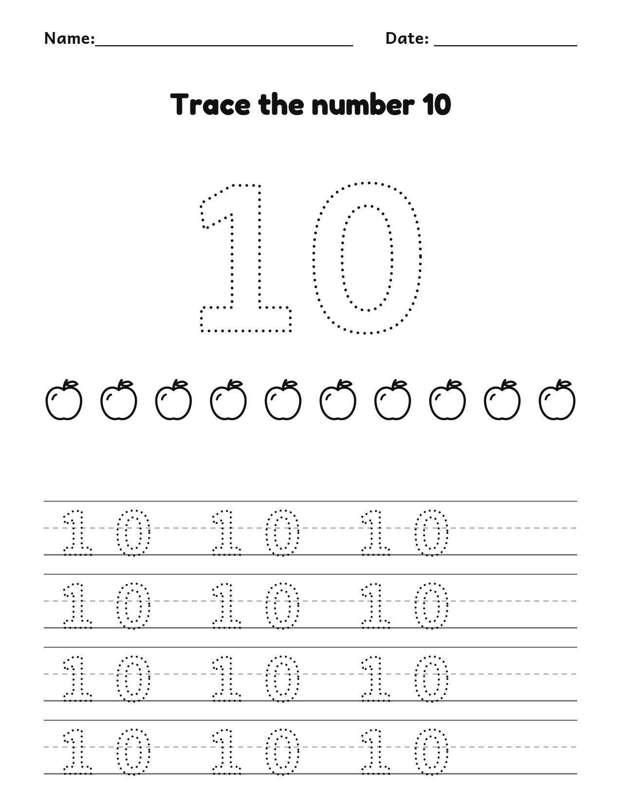 Trace the number 10 (ten) worksheet with counting pictures and dotted numbers