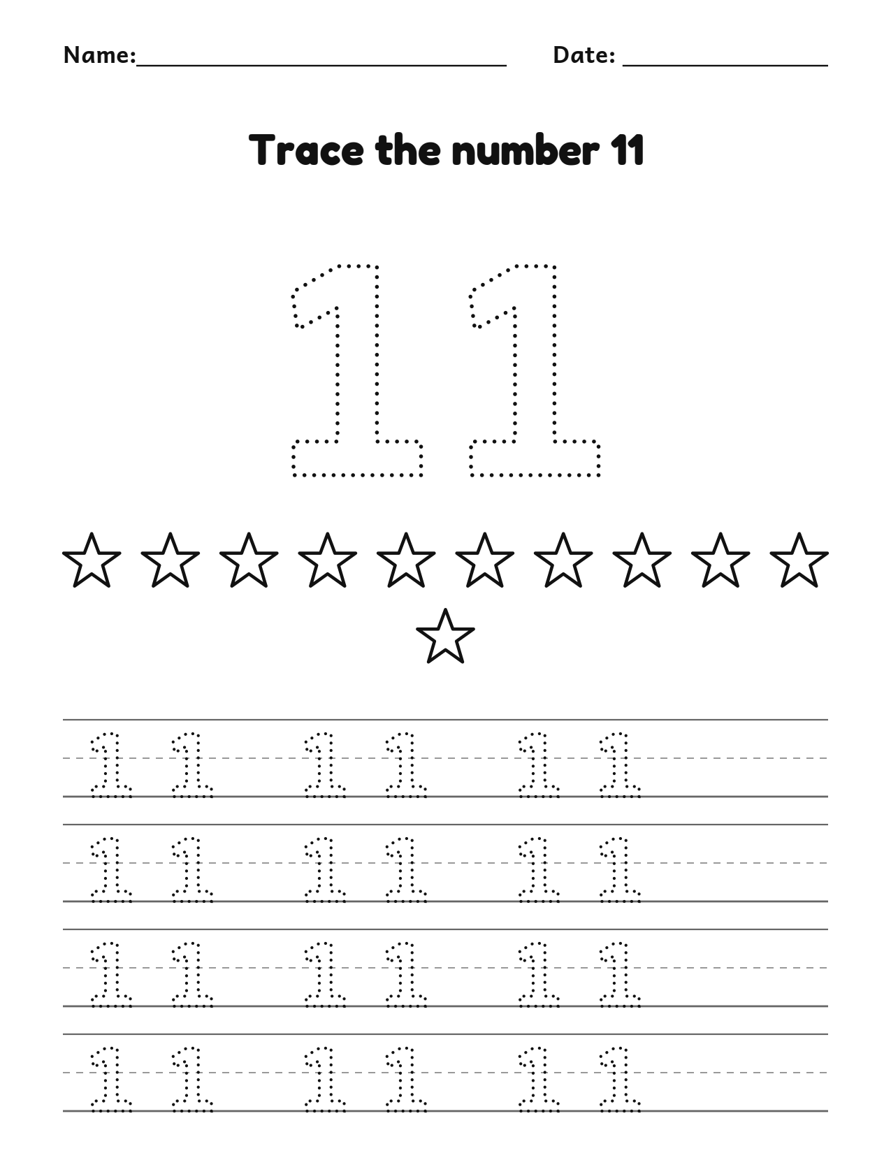 Trace the number 11 (eleven) worksheet with counting pictures and dotted numbers