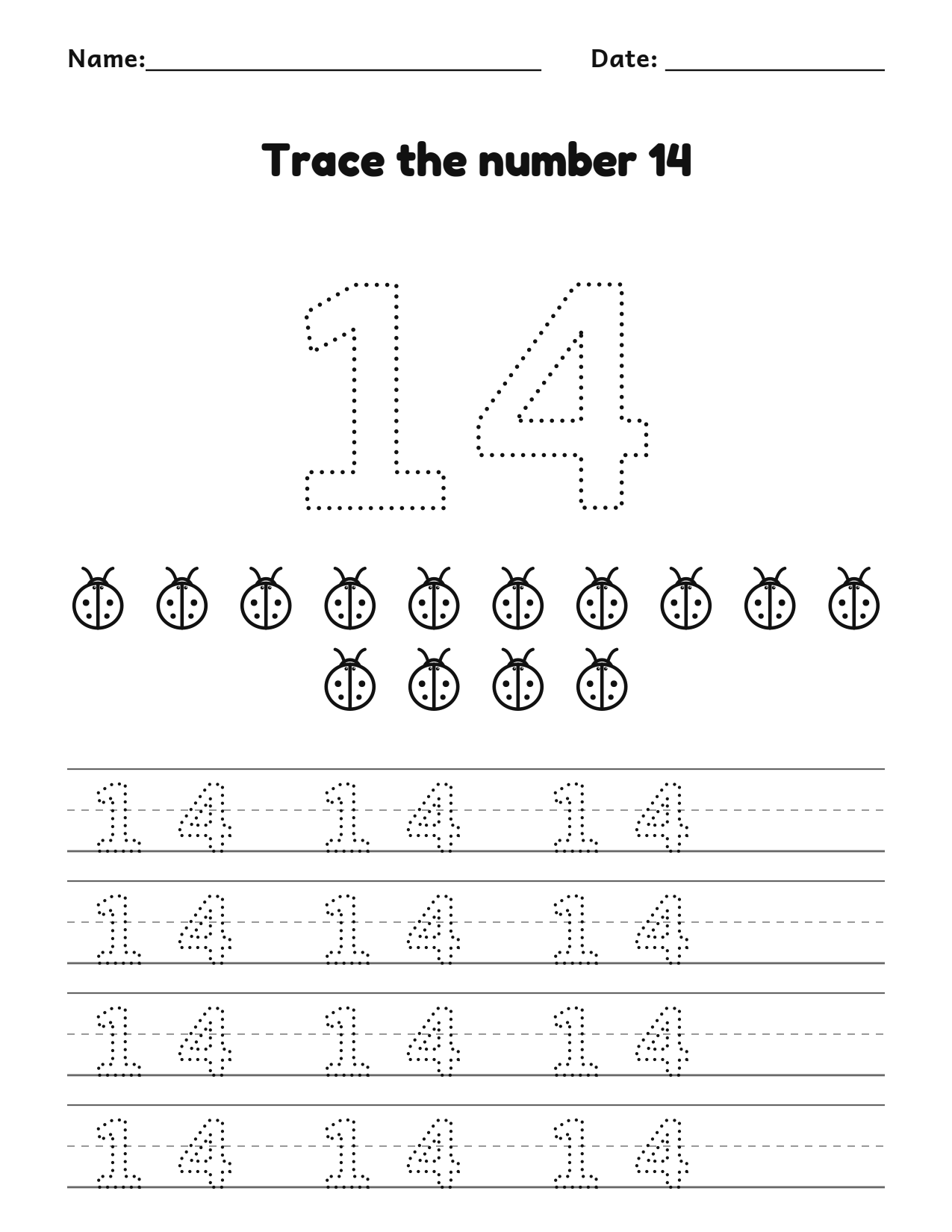 Trace the number 14 (fourteen) worksheet with counting pictures and dotted numbers