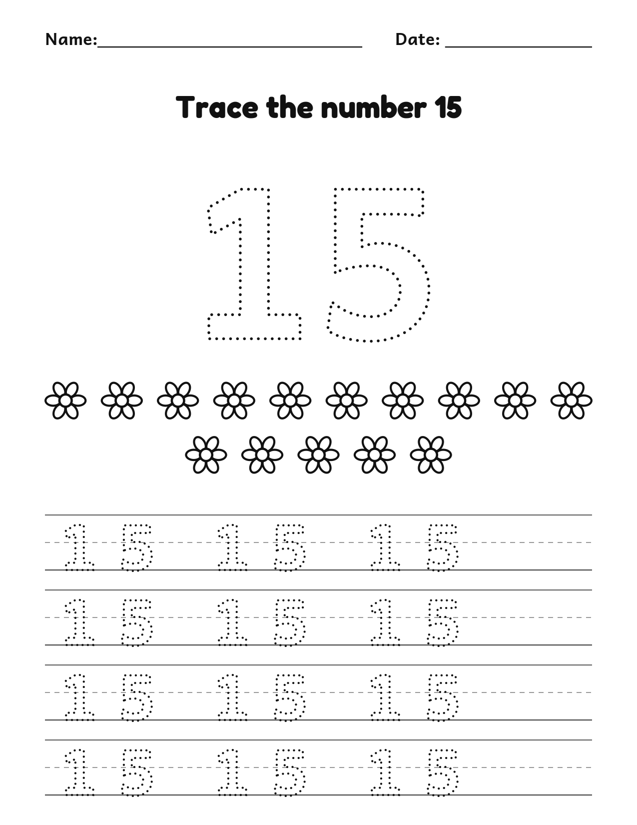 Trace the number 15 (fifteen) worksheet with counting pictures and dotted numbers