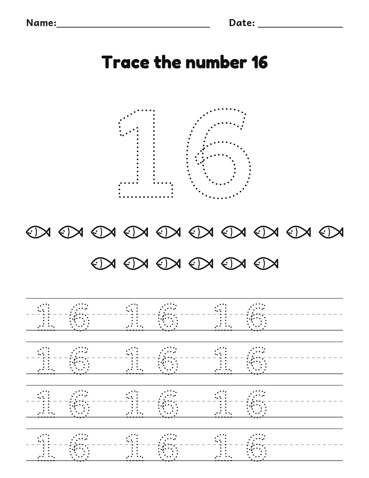 Trace the number 16 (sixteen) worksheet with counting pictures and dotted numbers