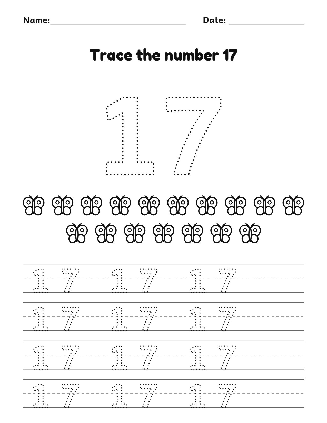 Trace the number 17 (seventeen) worksheet with counting pictures and dotted numbers