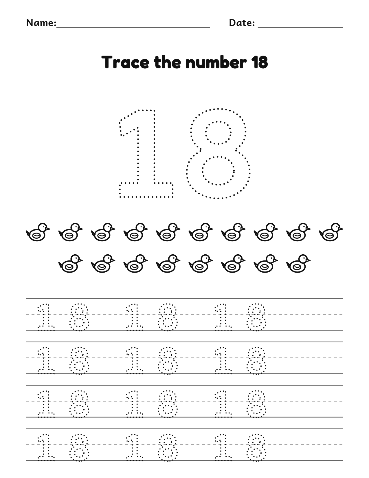Trace the number 18 (eighteen) worksheet with counting pictures and dotted numbers