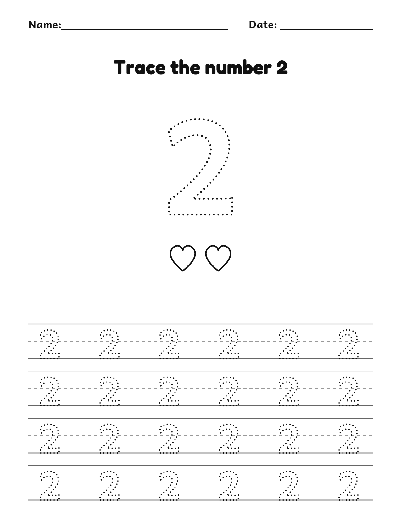 Trace the number 2 (two) worksheet with counting pictures and dotted numbers