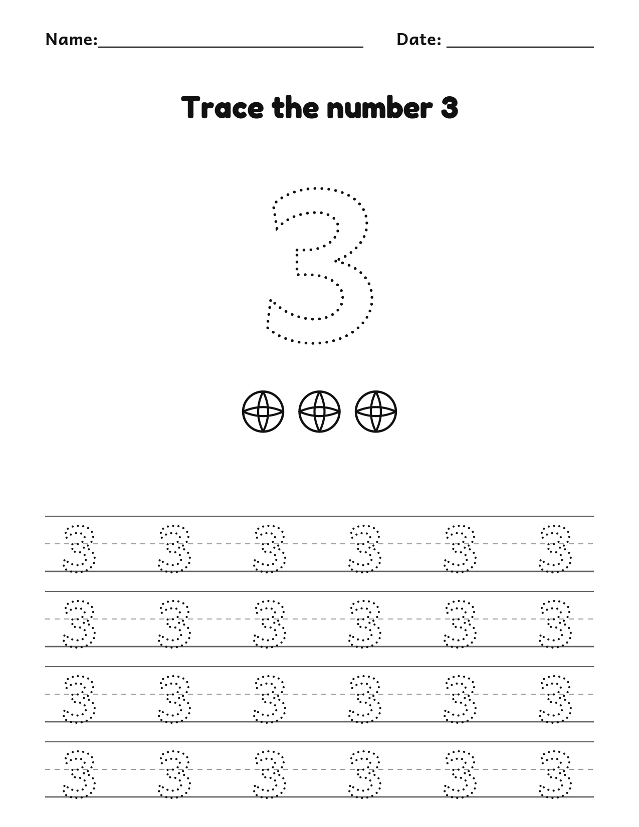 Trace the number 3 (three) worksheet with counting pictures and dotted numbers