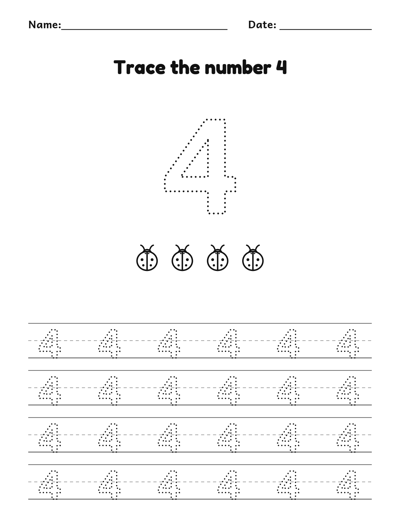 Trace the number 4 (four) worksheet with counting pictures and dotted numbers