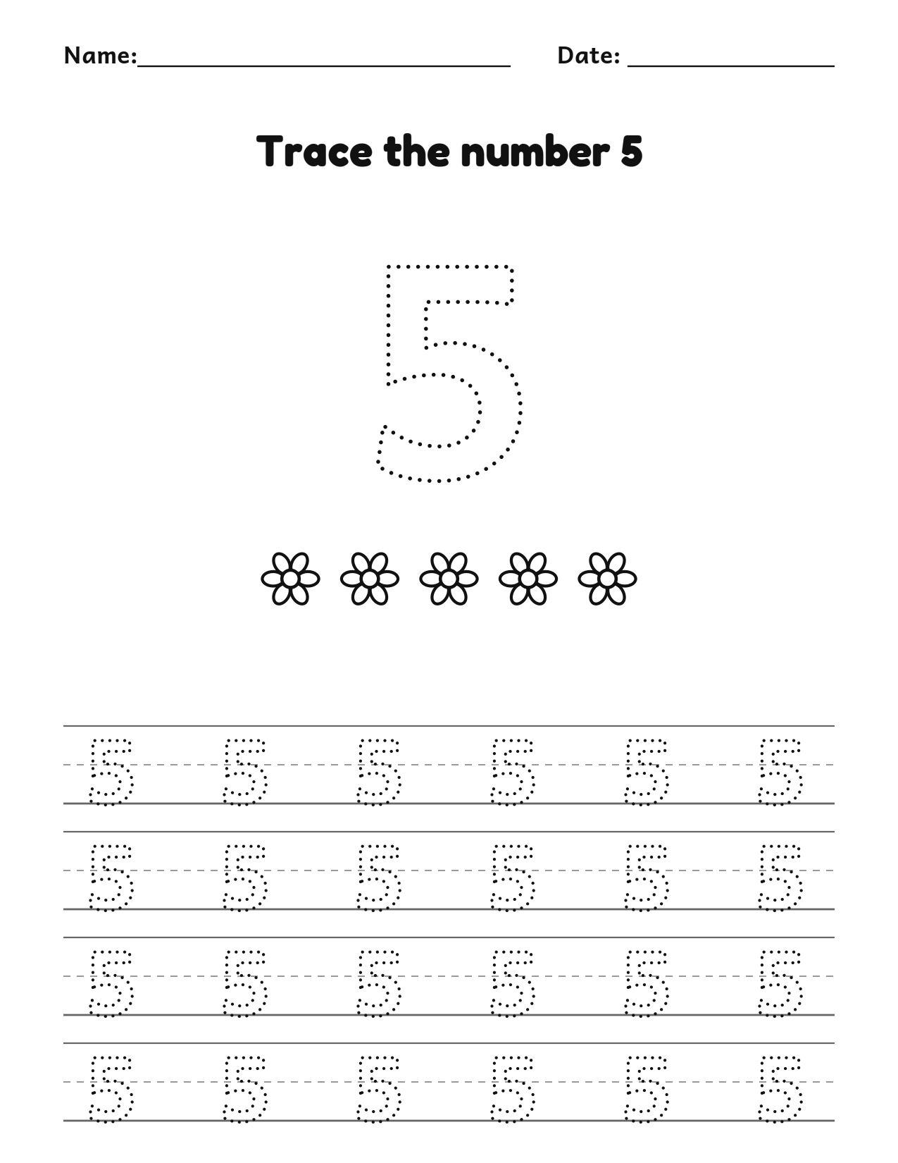 Trace the number 5 (five) worksheet with counting pictures and dotted numbers