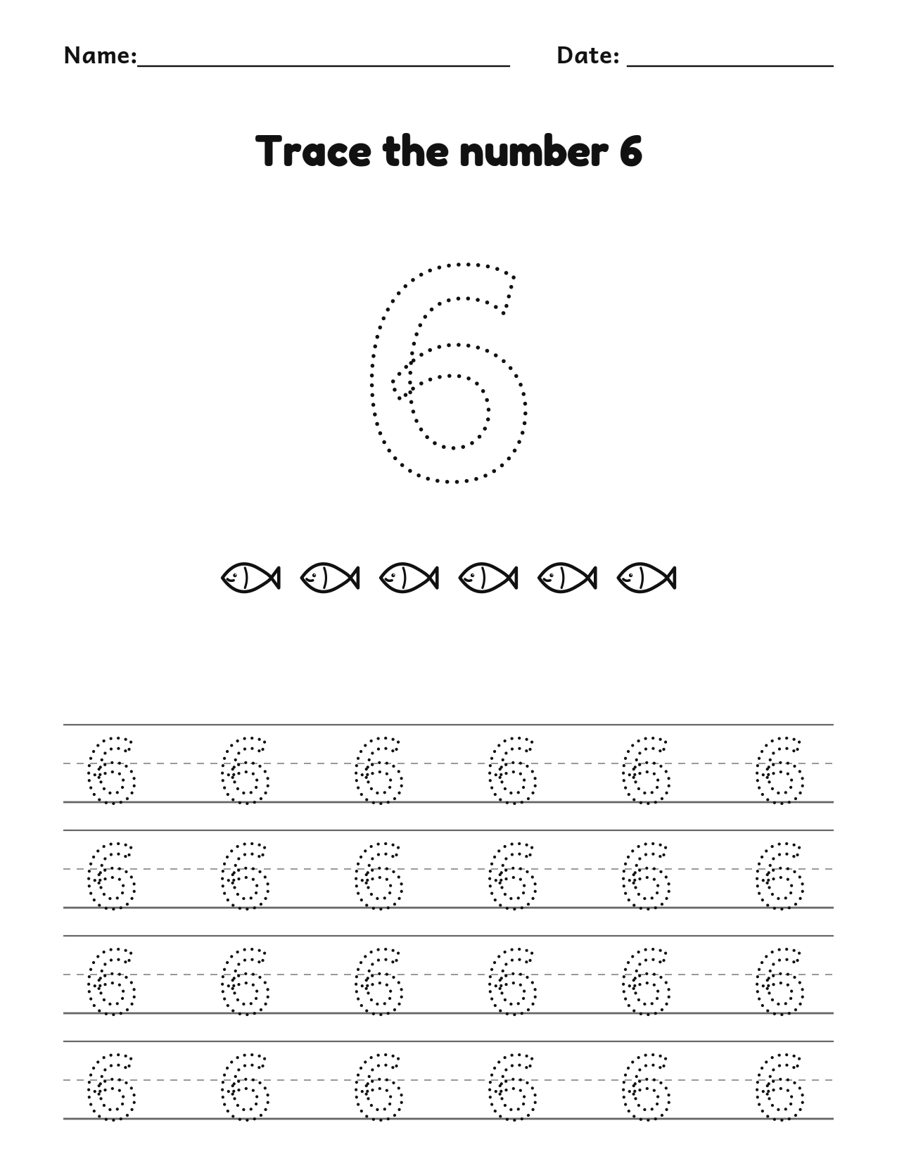 Trace the number 6 (six) worksheet with counting pictures and dotted numbers