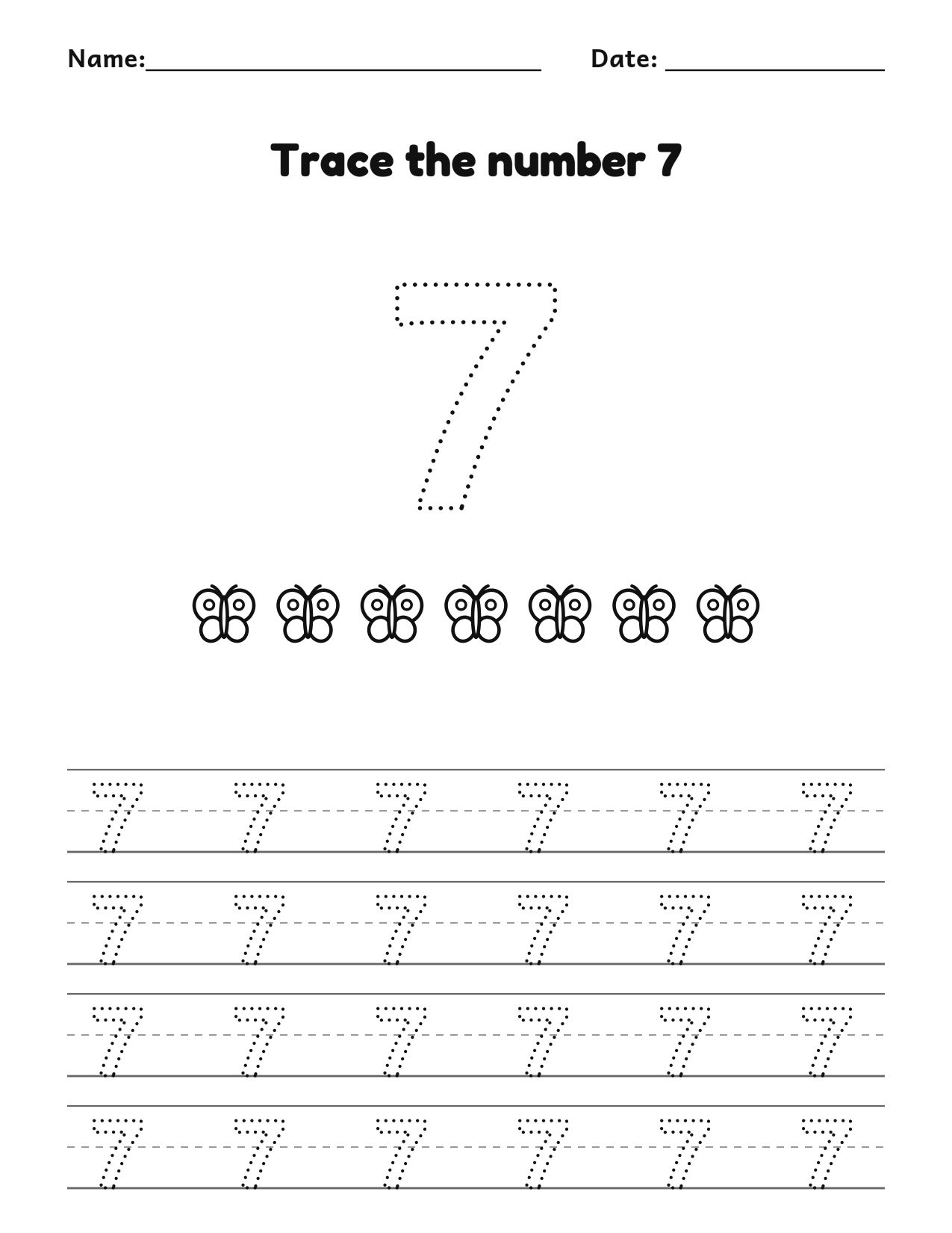Trace the number 7 (seven) worksheet with counting pictures and dotted numbers