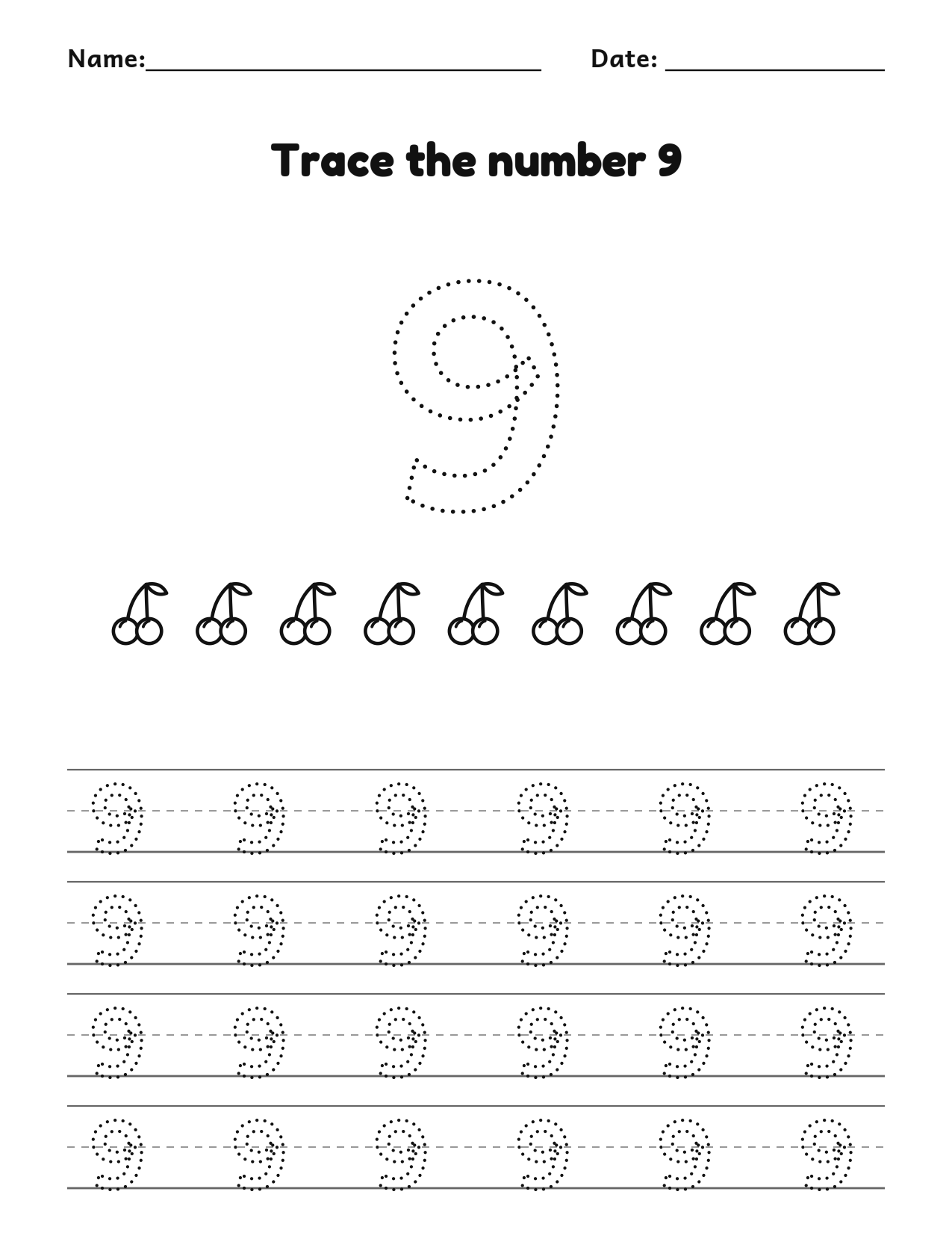 Trace the number 9 (nine) worksheet with counting pictures and dotted numbers