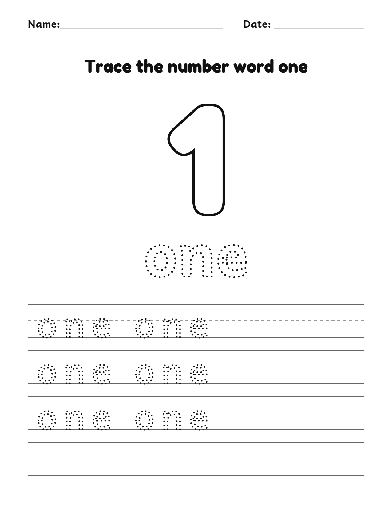 Trace the number word one (1) worksheet with dotted letters and writing lines