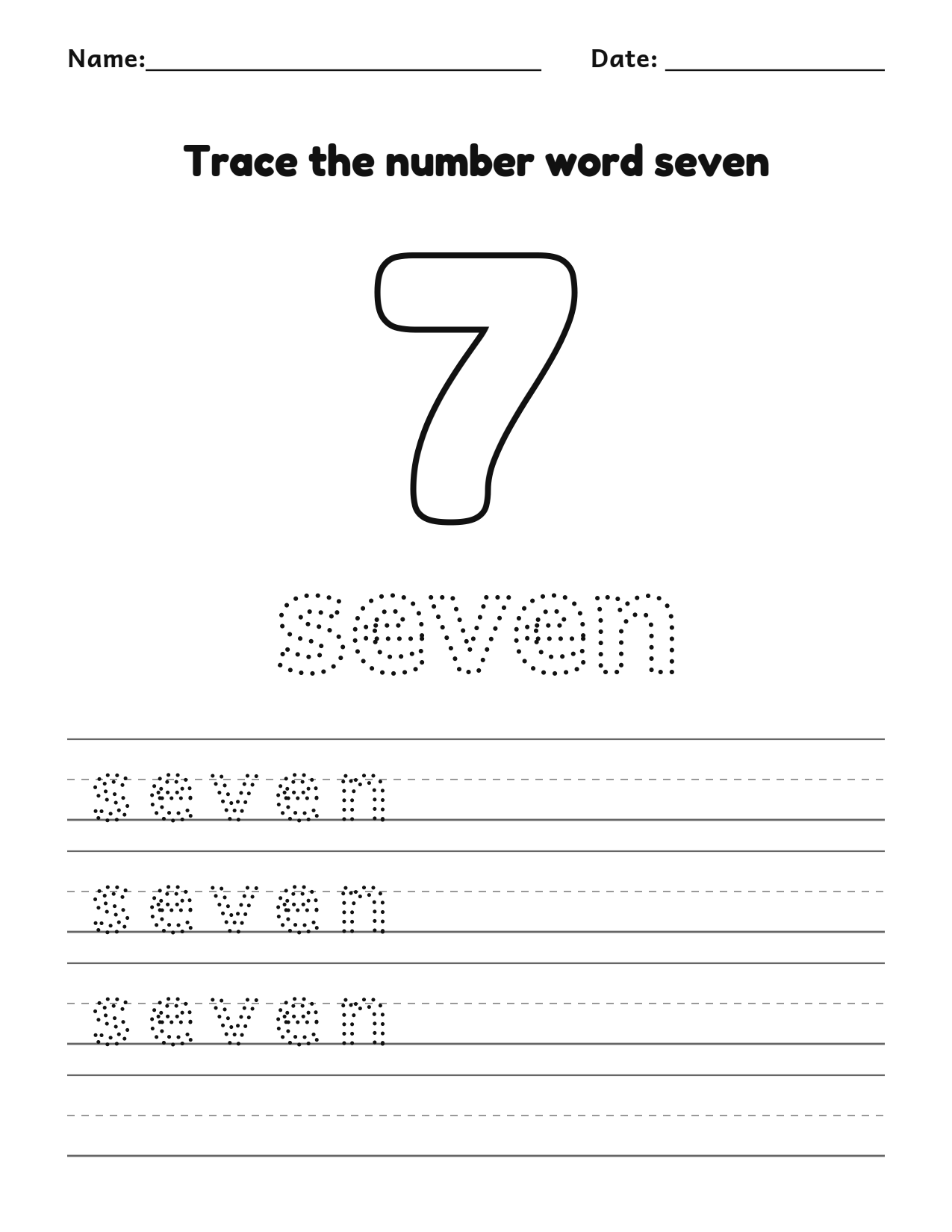 Trace the number word seven (7) worksheet with dotted letters and writing lines