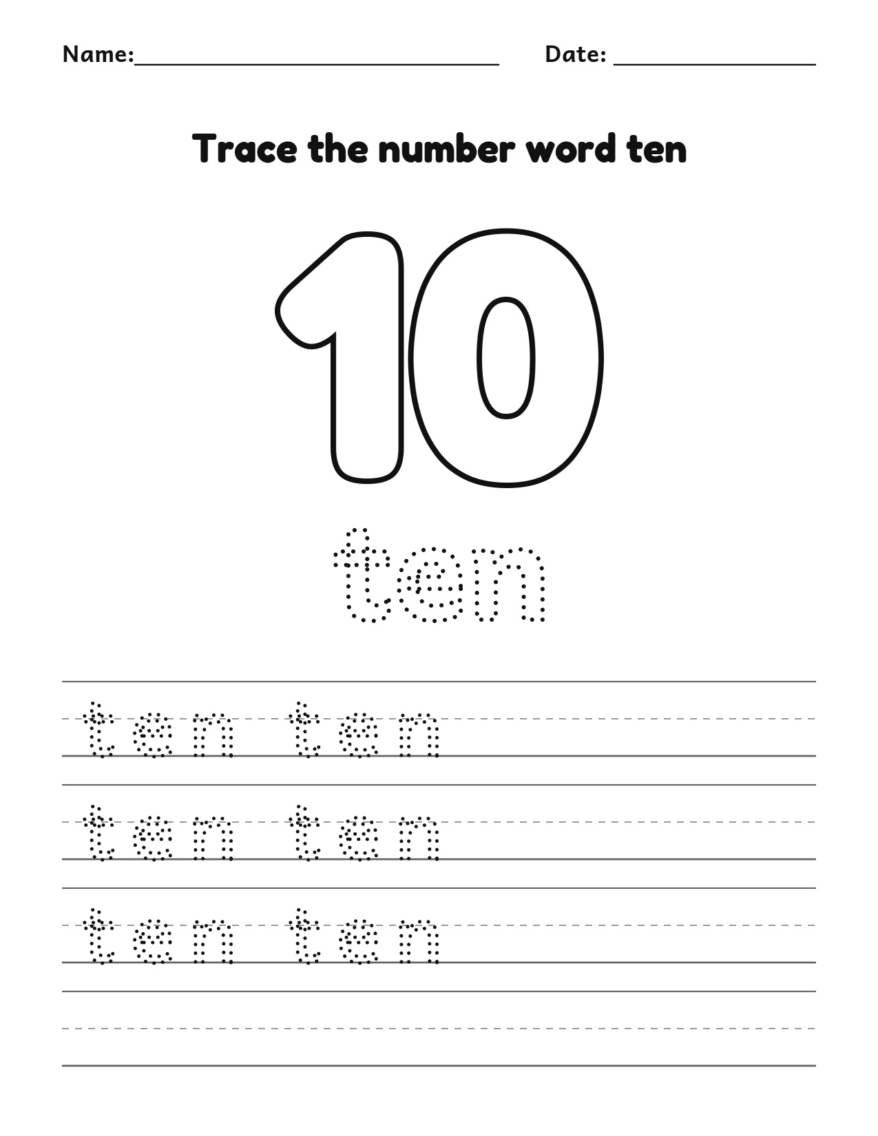 Trace the number word ten (10) worksheet with dotted letters and writing lines