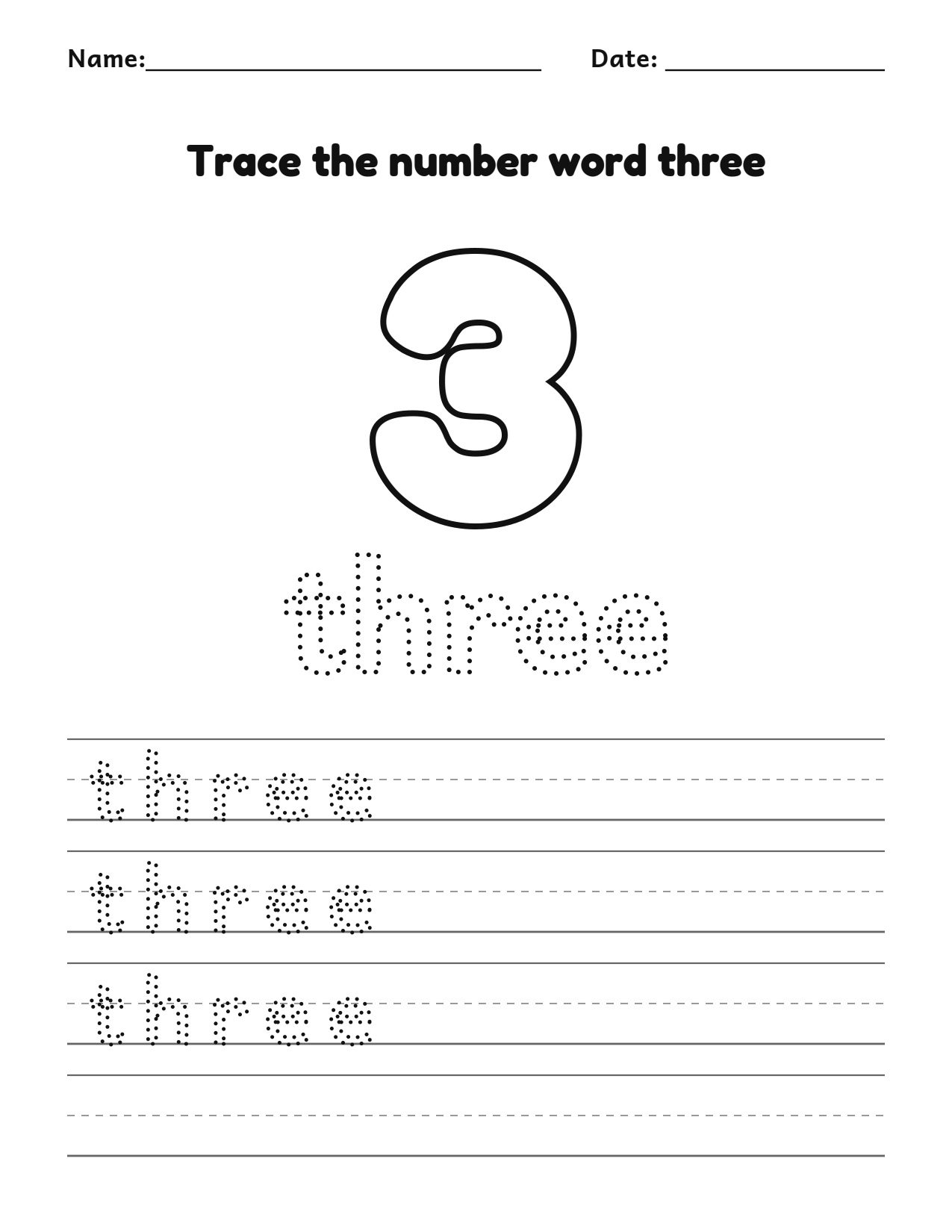 Trace the number word three (3) worksheet with dotted letters and writing lines