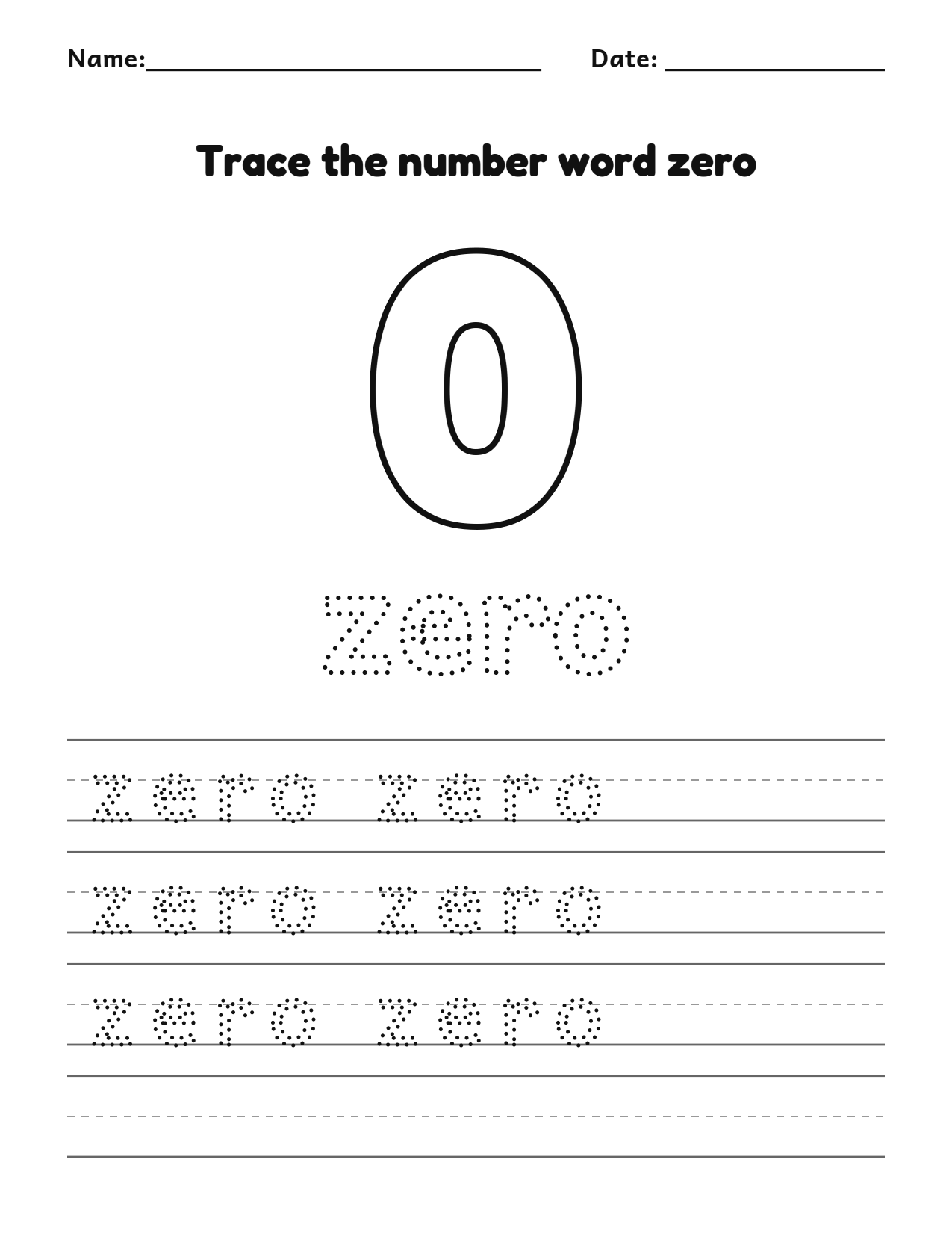Trace the number word zero (0) worksheet with dotted letters and writing lines