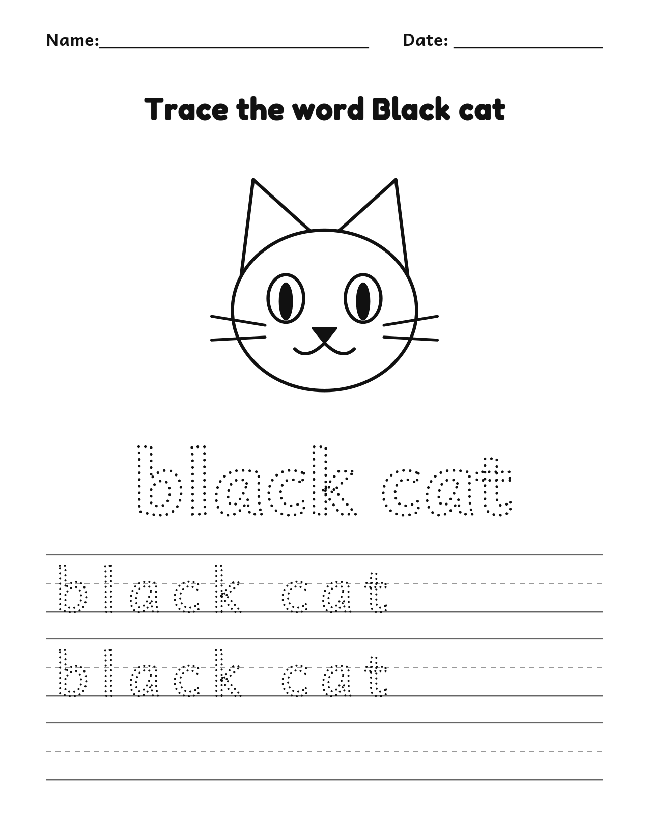 Trace the word black cat Halloween worksheet with a black cat picture to color and writing lines
