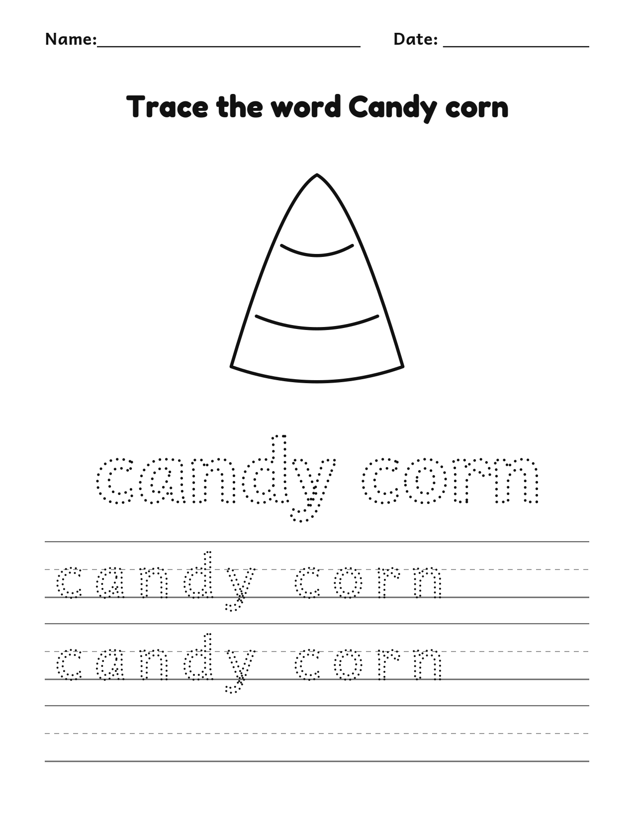 Trace the word candy corn Halloween worksheet with a candy corn picture to color and writing lines