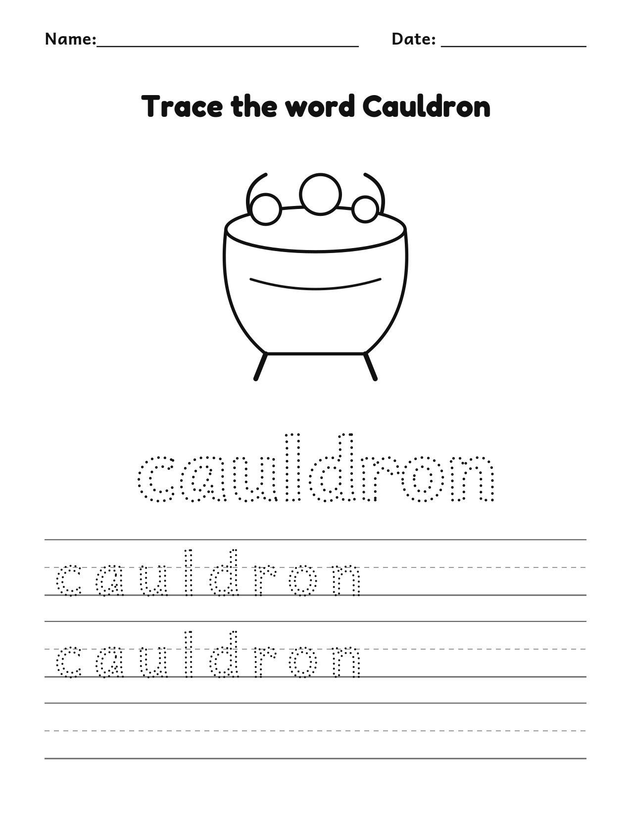 Trace the word cauldron Halloween worksheet with a cauldron picture to color and writing lines
