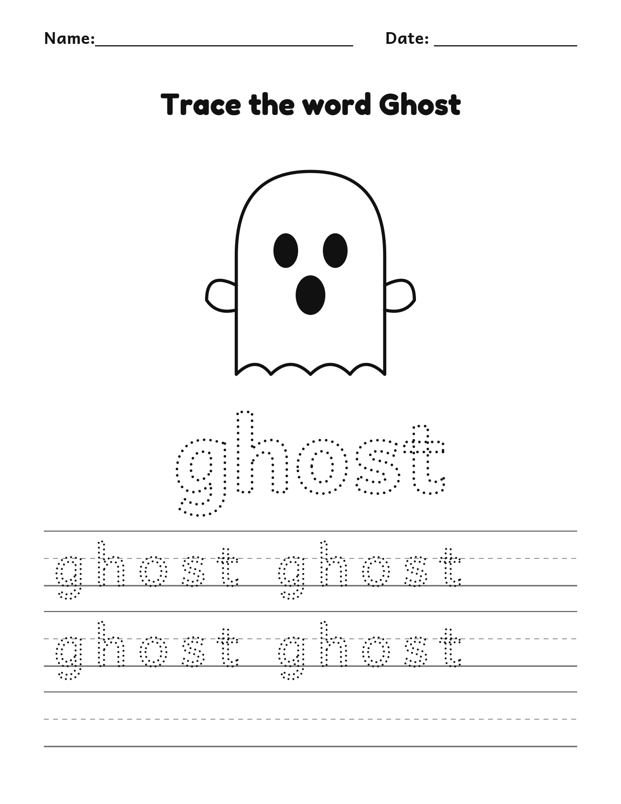Trace the word ghost Halloween worksheet with a ghost picture to color and writing lines