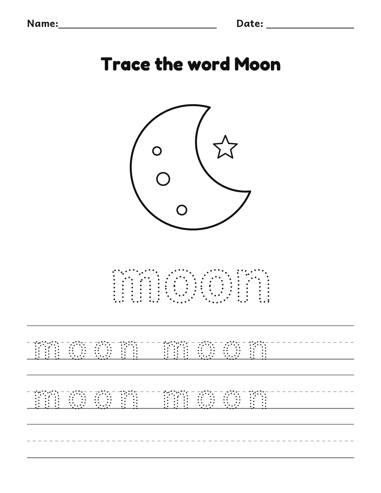 Trace the word moon Halloween worksheet with a moon picture to color and writing lines