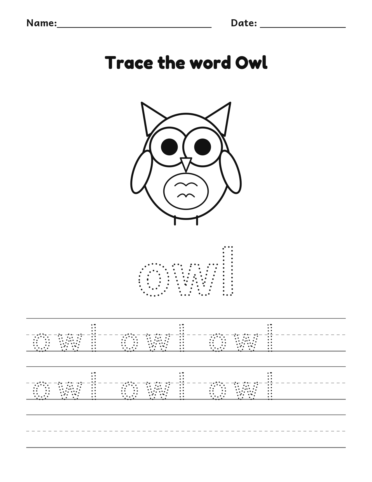 Trace the word owl Halloween worksheet with a owl picture to color and writing lines
