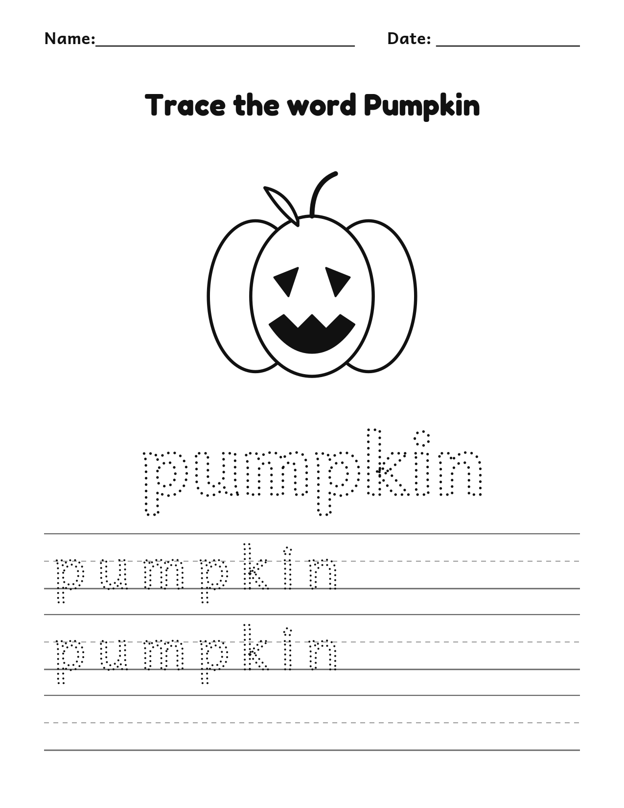 Trace the word pumpkin Halloween worksheet with a pumpkin picture to color and writing lines